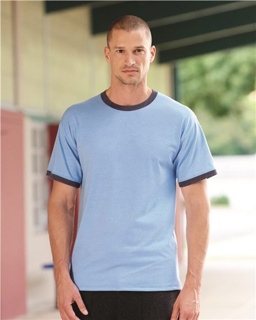 model wearing champion ringer t-shirt light blue heather navy heather