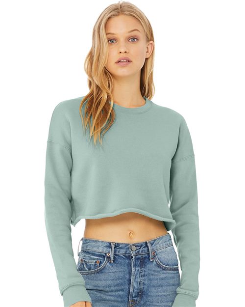 model wearing bella+canvas womens cropped fleece crew in dusty blue