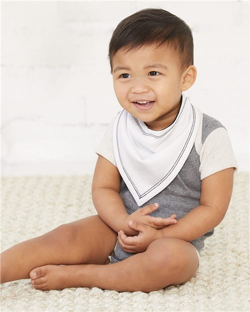 smiling baby wearing rabbit skins infant premium jersey bandana bib in white black