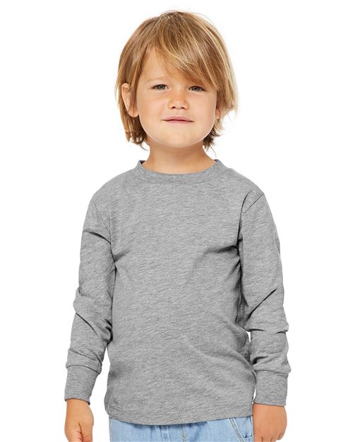 young boy wearing toddler bella+canvas long sleeve tee athletic heather