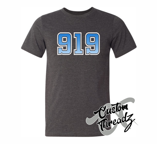dark grey heather tee with 919 DTG printed design