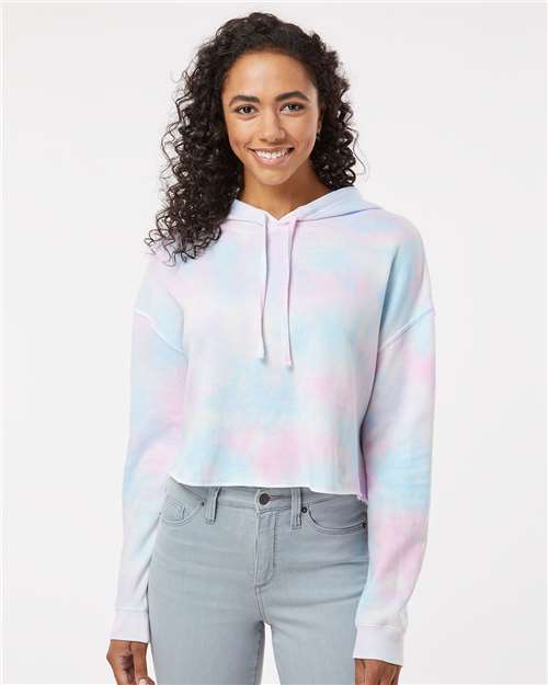 smiling woman wearing independent trading co cropped hoodie tie dye cotton candy