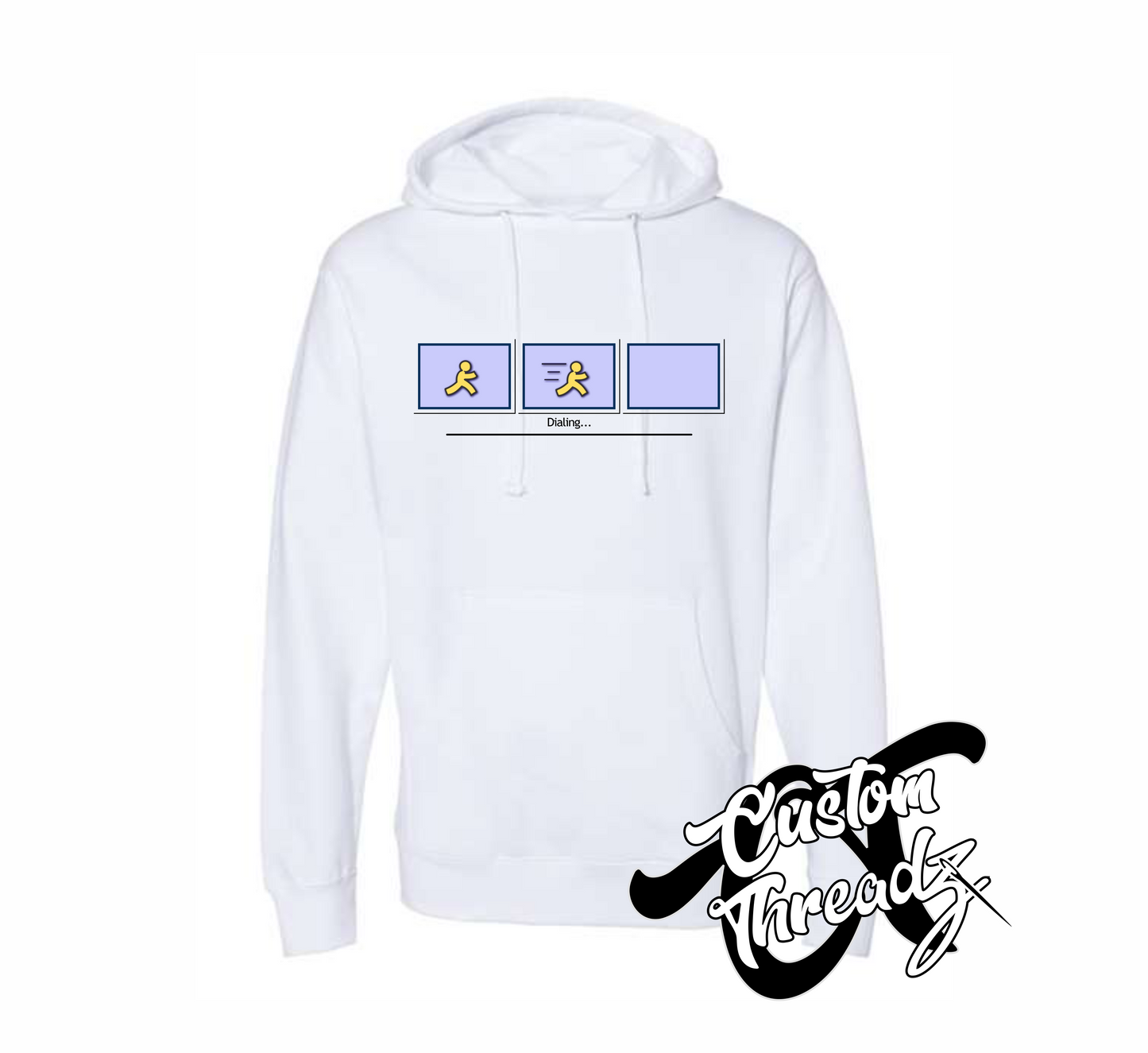 white hoodie with AOL dial up DTG printed design