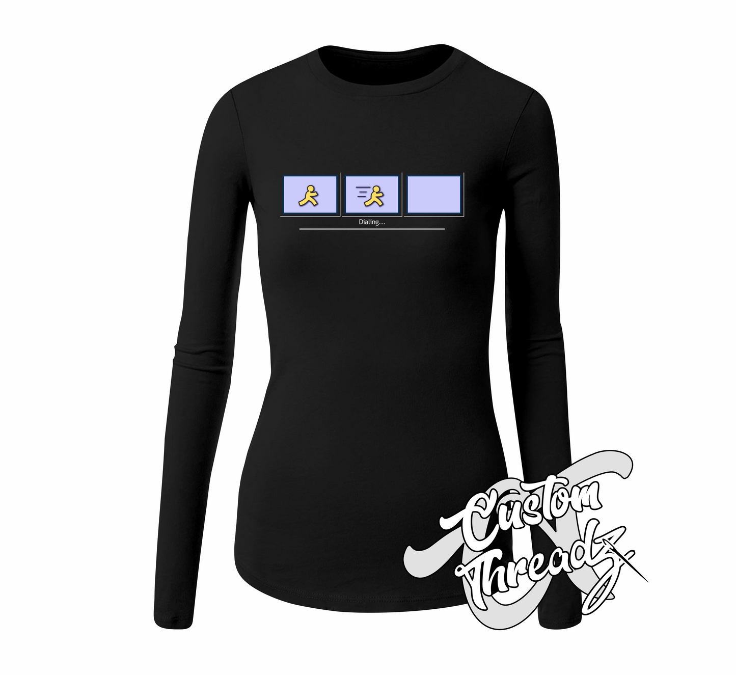 black womens long sleeve tee with AOL dial up DTG printed design