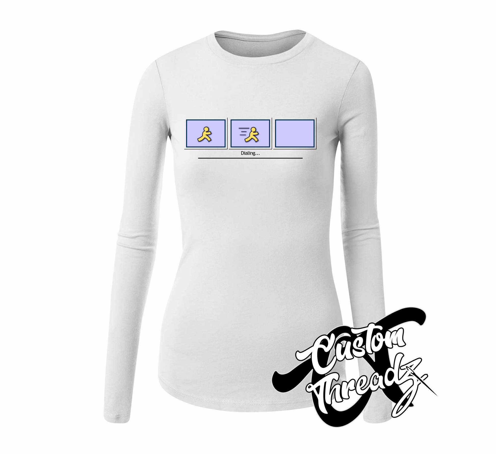 white long sleeve tee with AOL dial up DTG printed design