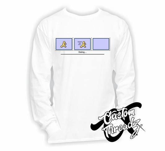 white long sleeve tee with dial up AOL loading DTG printed design