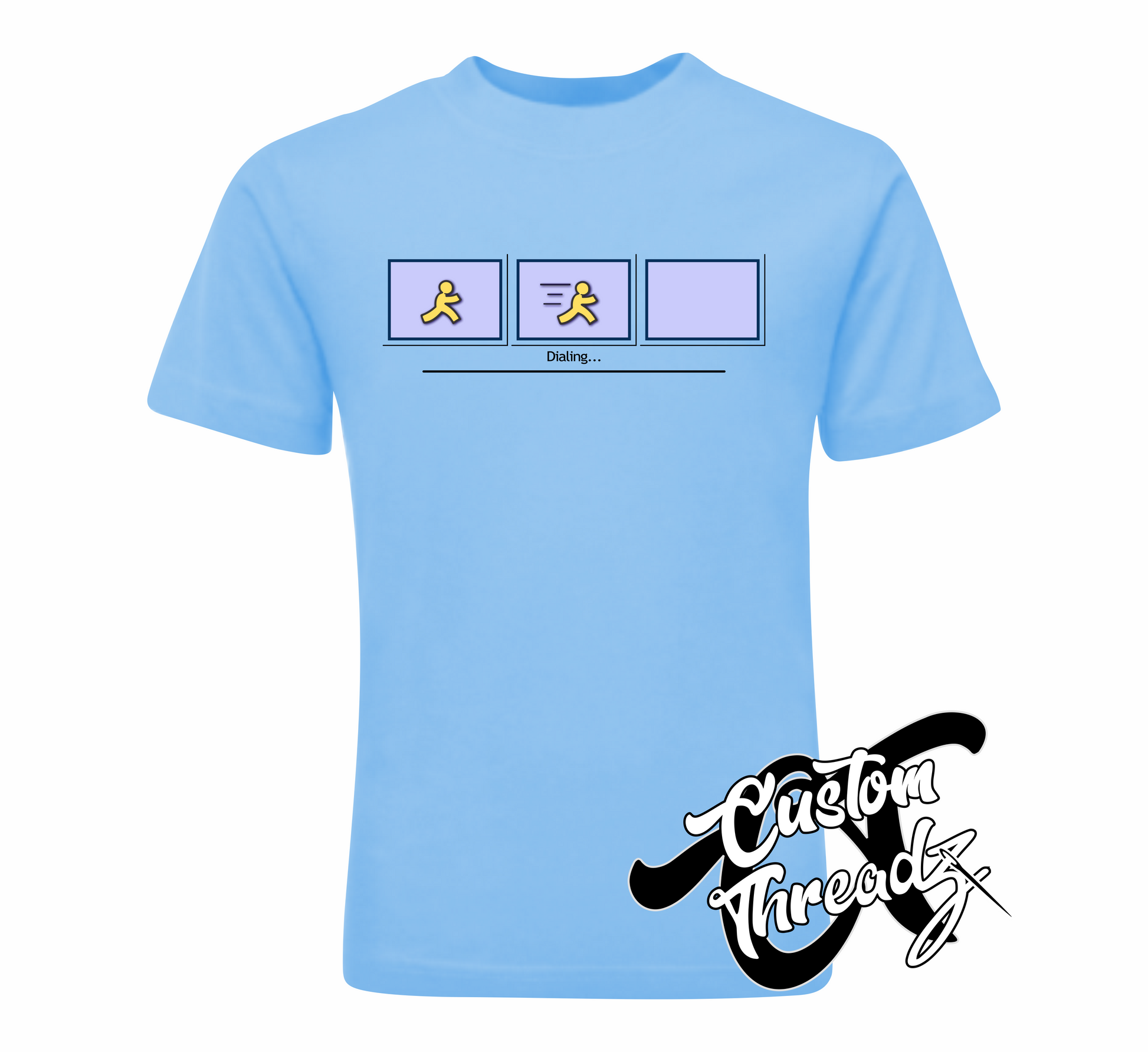 light blue youth tee with AOL loading dial up DTG printed design