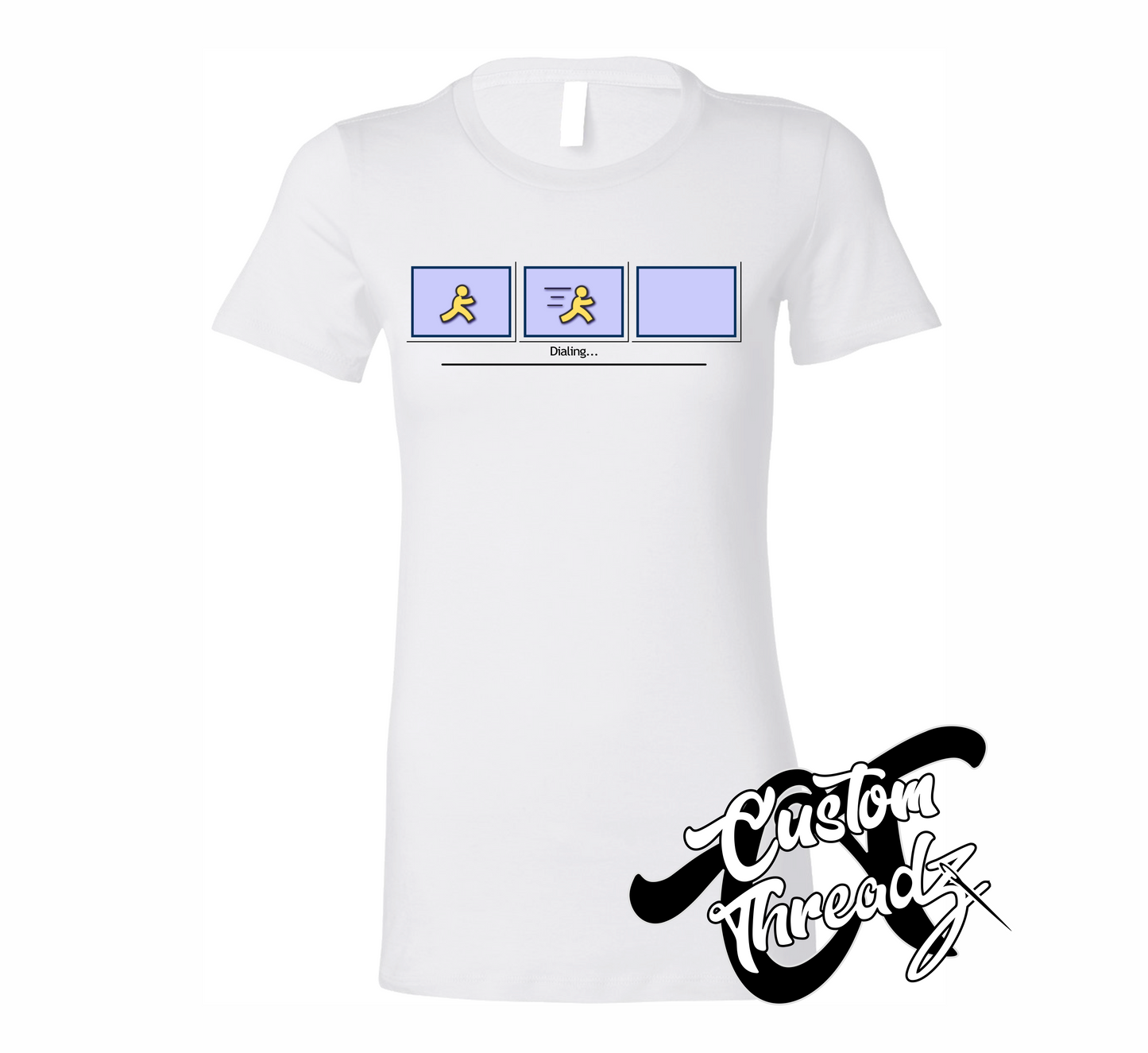 white womens tee with AOL dial up DTG printed design