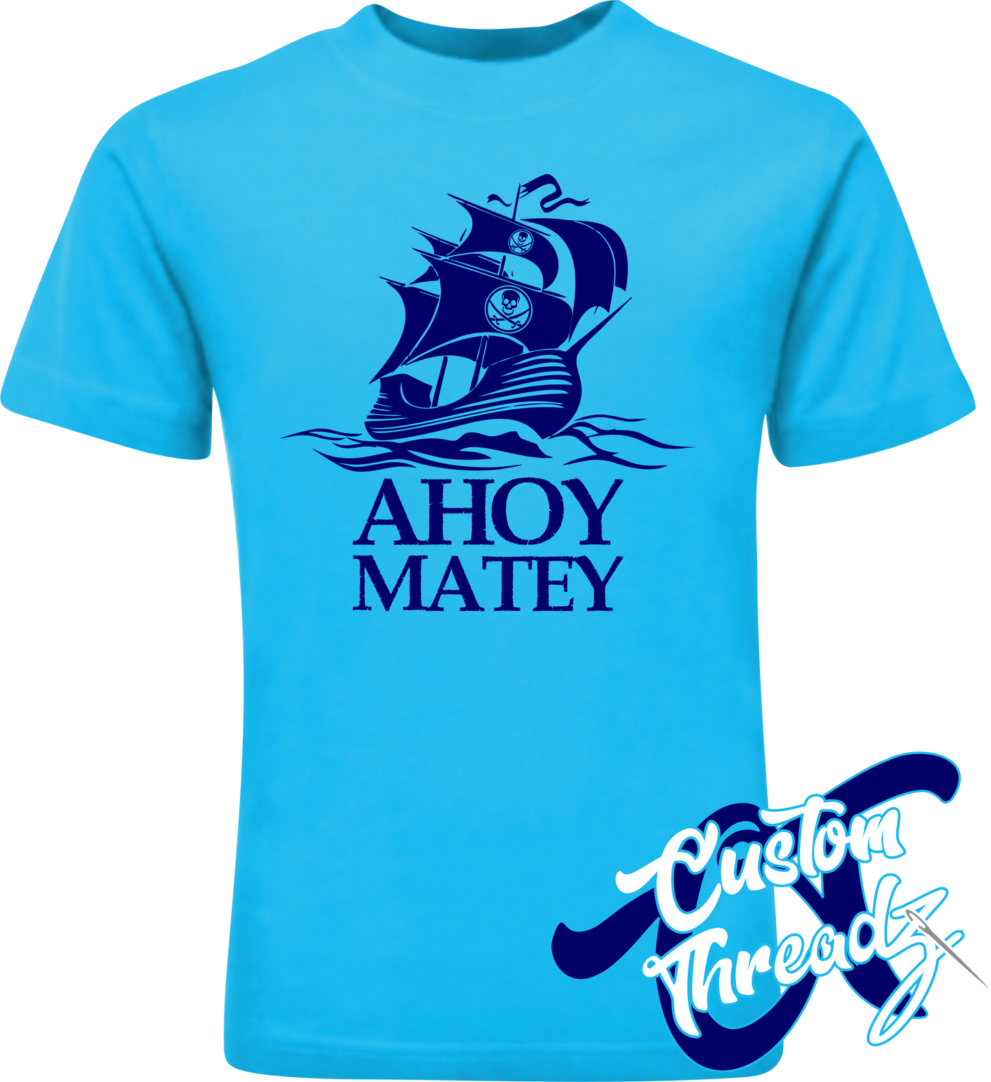 aquatic blue tee with ahoy matey pirate ship DTG printed design