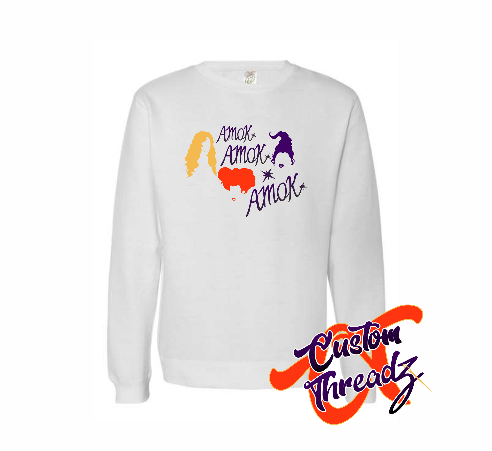 white crewneck sweatshirt amok amok amok design