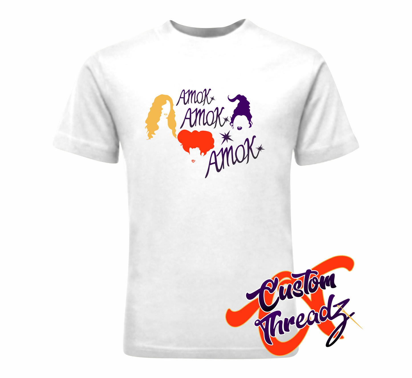 white t-shirt with amok amok amok hocus pocus DTG printed design
