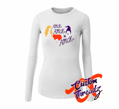 womens white long sleeve tee with amok amok amok hocus pocus halloween DTG printed design