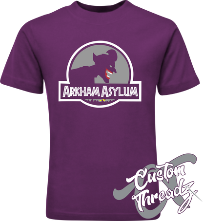 purple tee with arkham asylum batman joker DTG printed design
