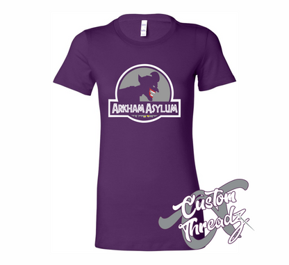 womens purple tee with arkham asylum batman joker DTG printed design
