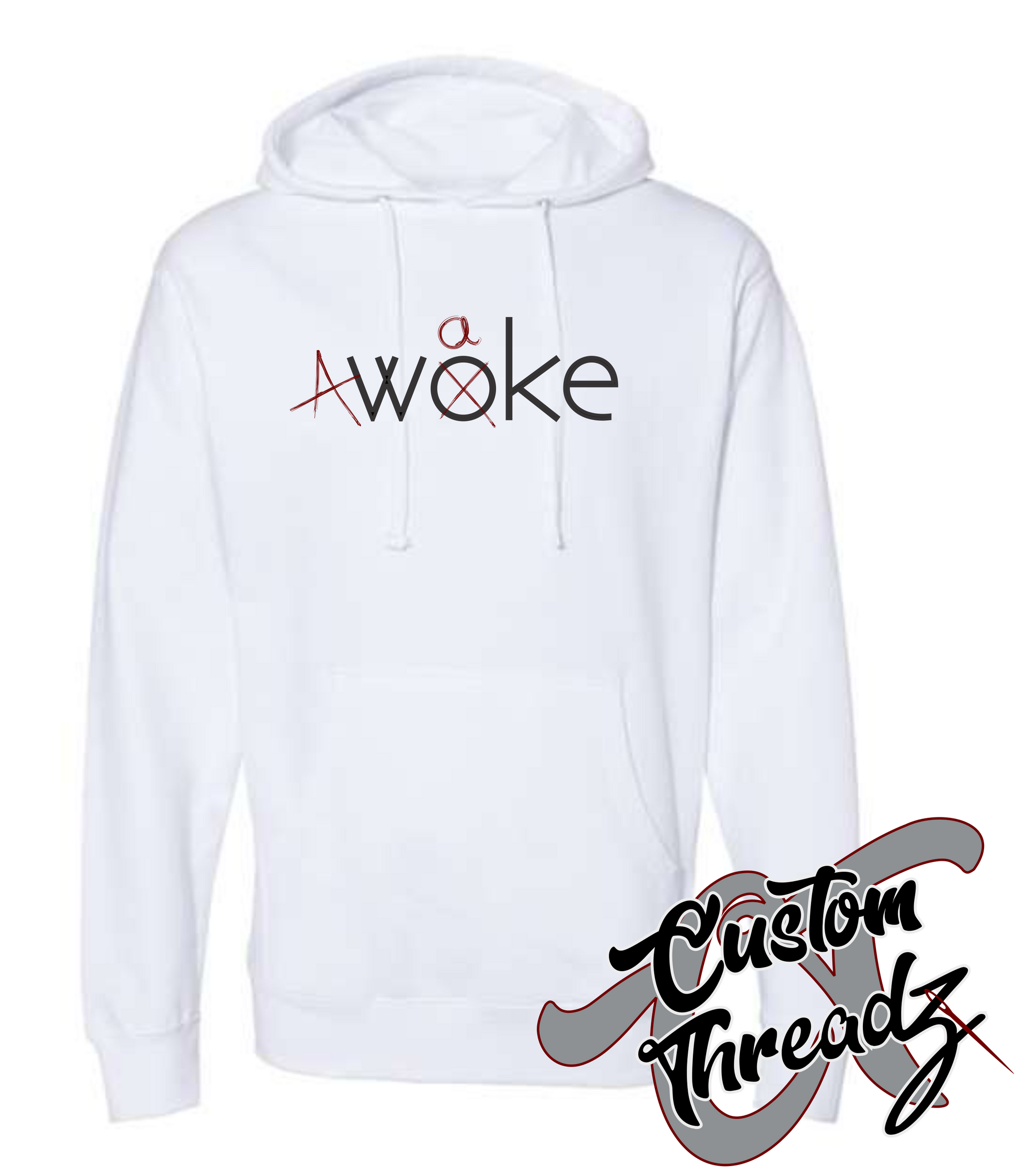 white hooded sweatshirt Awoke design