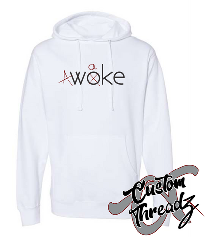 white hooded sweatshirt Awoke design