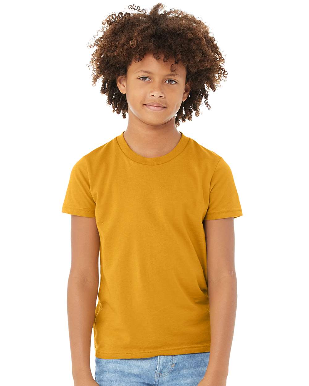 young boy wearing bella+canvas youth t-shirt in gold