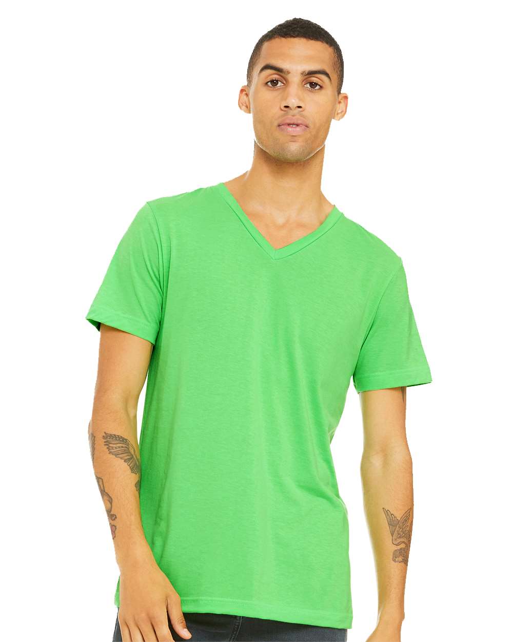 man wearing bella+canvas v-neck cvc t-shirt in neon green