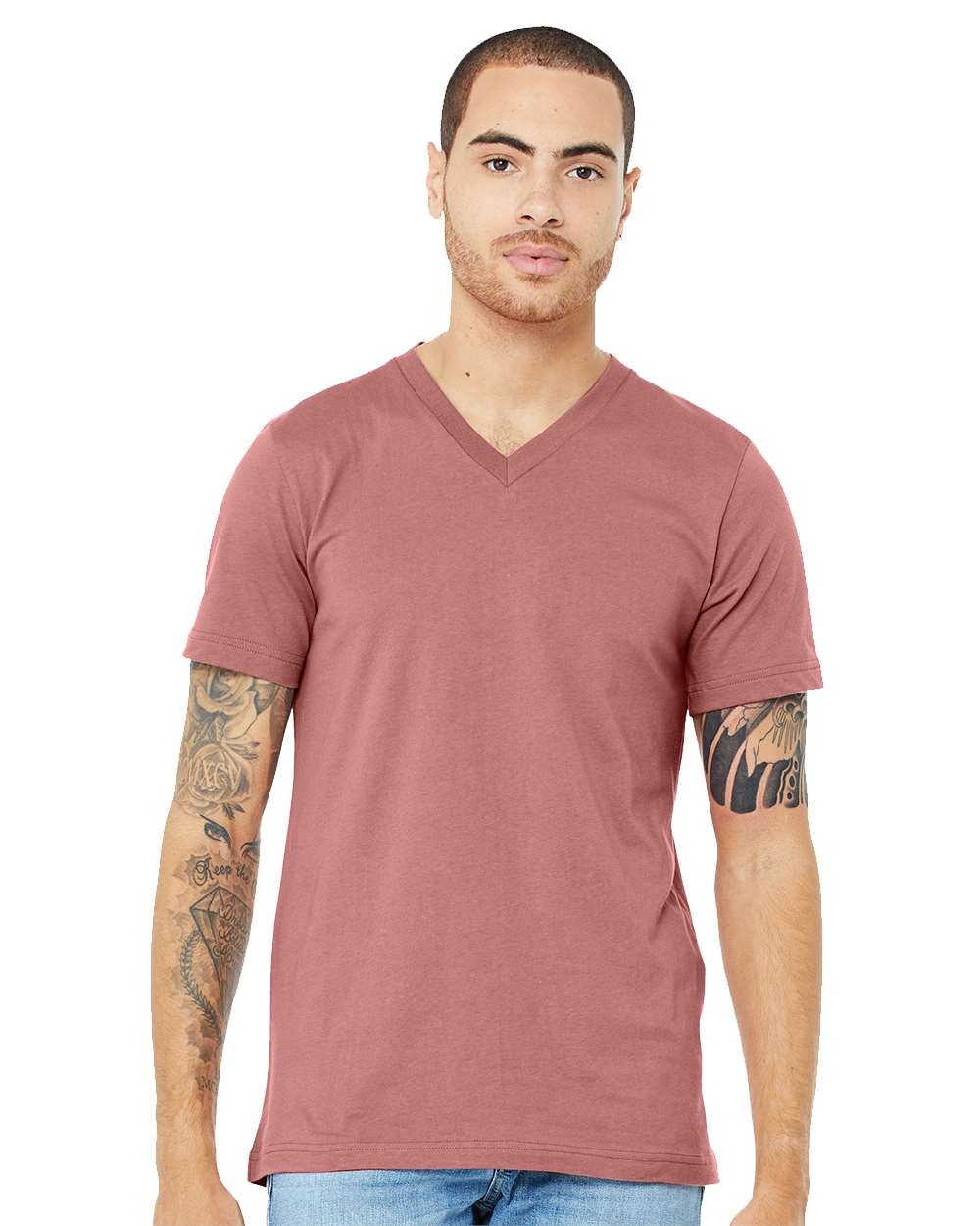 man wearing bella+canvas adult v-neck t-shirt in mauve