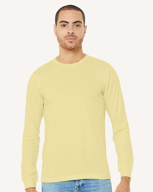 male model wearing bella+canvas cvc long sleeve tee in heather french vanilla
