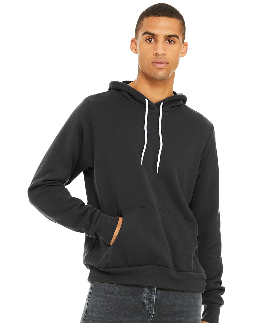 male model wearing bella+canvas fleece hoodie in dark grey