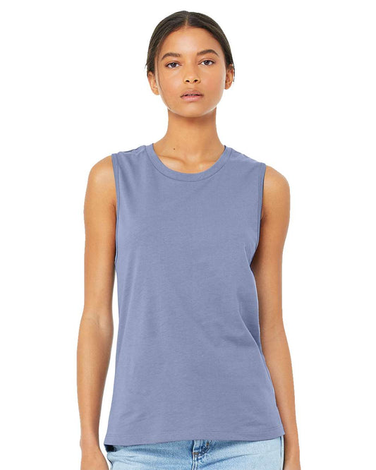 model wearing bella+canvas womens muscle tank in lavender blue