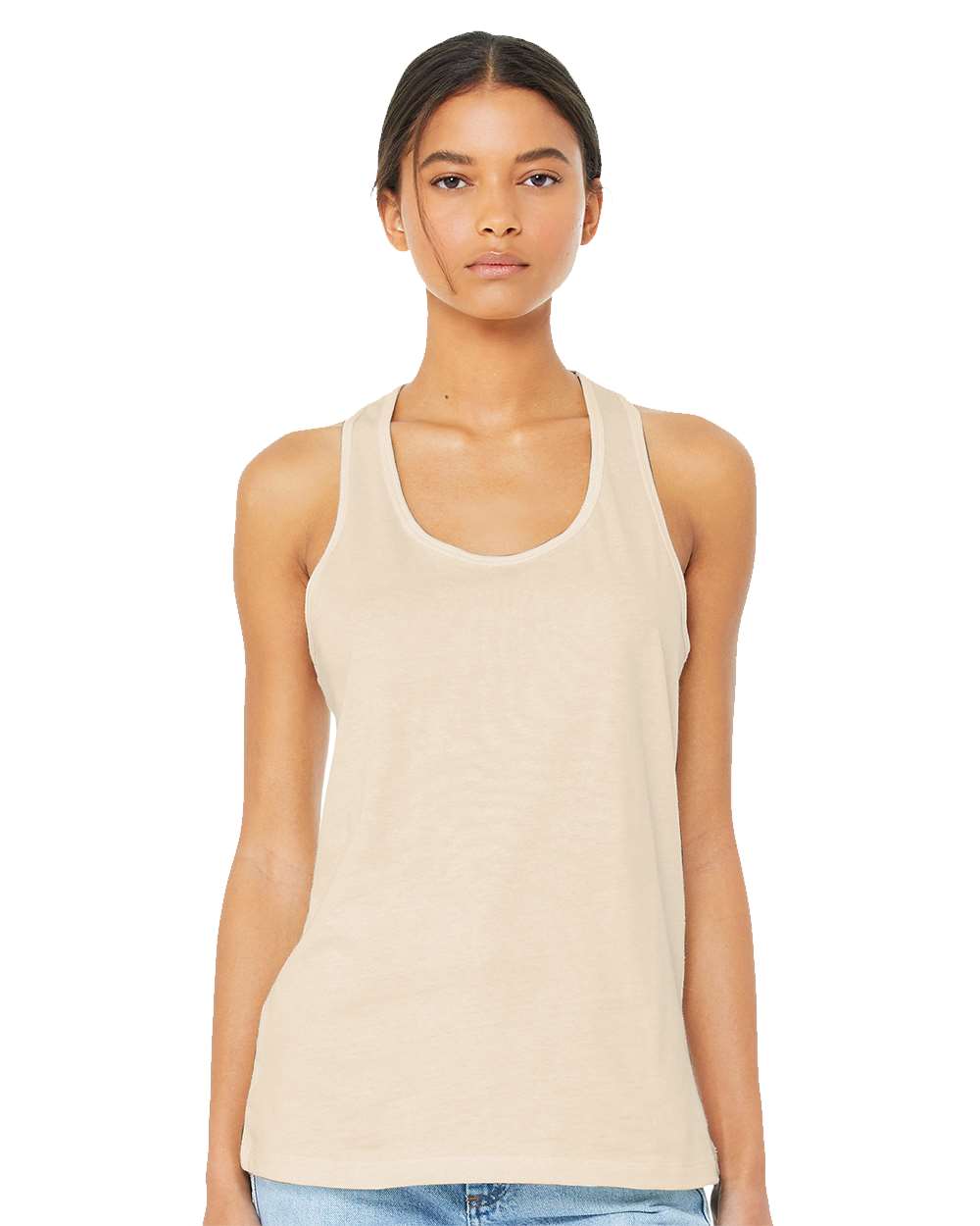 model wearing bella+canvas womens racerback tank in natural