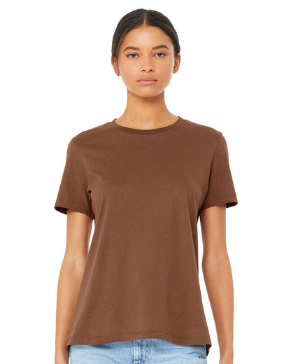 model wearing bella+canvas womens relaxed tee in chestnut