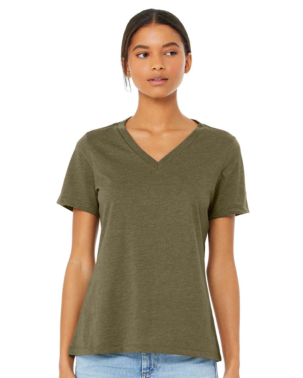 model wearing bella+canvas womens relaxed CVC v-neck tee in heather olive