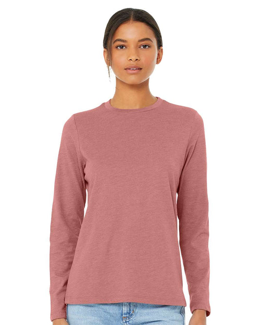 model wearing bella+canvas womens long sleeve tee in heather mauve