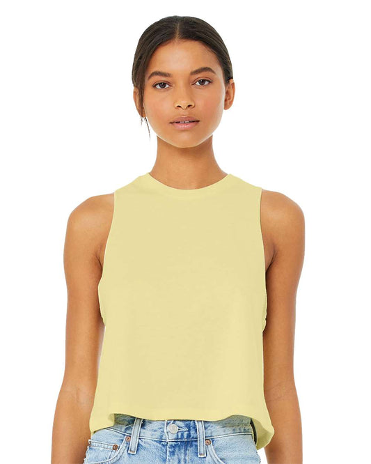 model wearing bella+canvas womens crop tank in heather french vanilla