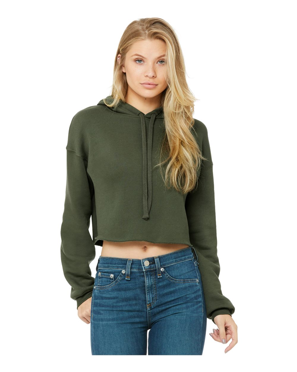 model wearing bella+canvas womens cropped hoodie in military green