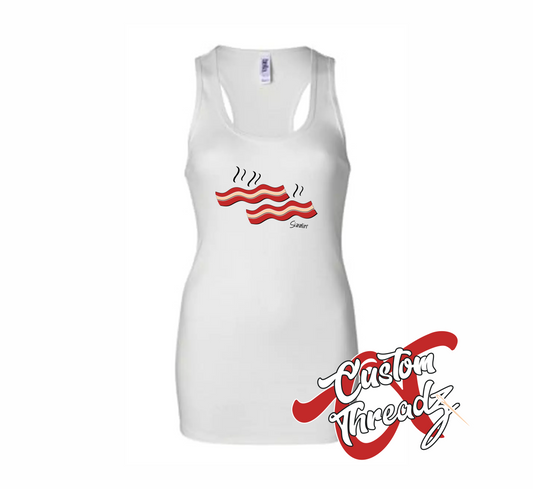 white womens tank top with sizzlin bacon summer DTG printed design