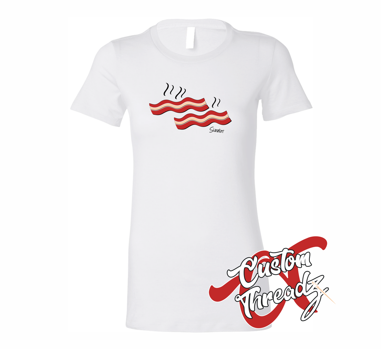 white womens tee with sizzlin bacon summer DTG printed design