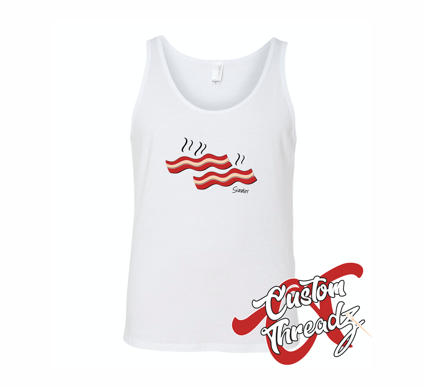 white tank top with sizzlin bacon summer DTG printed design