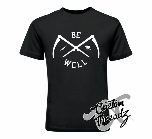 black tee with be well plague DTG printed design