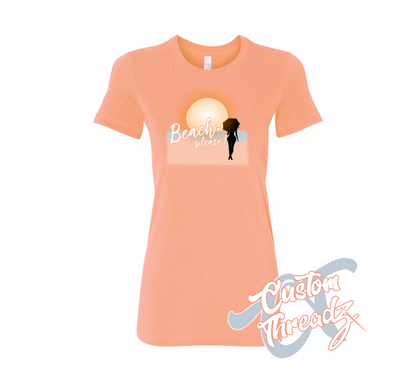 womens sunset tee with beach please DTG printed design