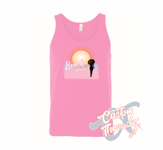 neon pink tank top with beach please DTG printed design