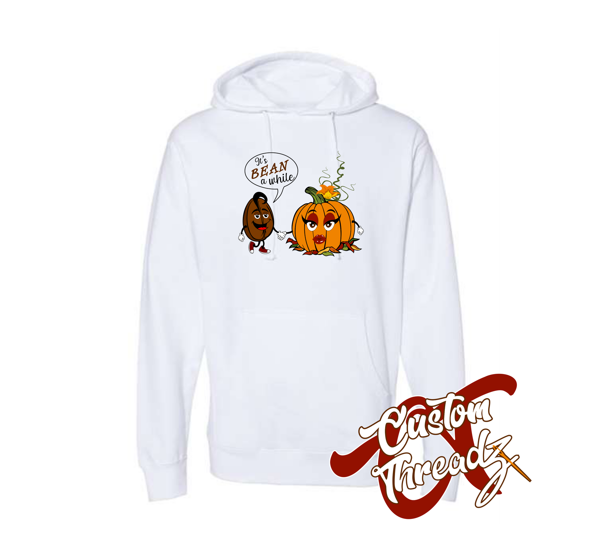 white hooded sweatshirt bean a while DTG design