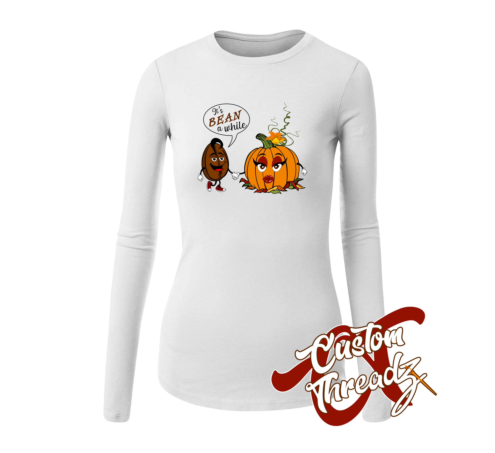 womens white long sleeve tee with bean a while coffee bean and pumpkin DTG printed design