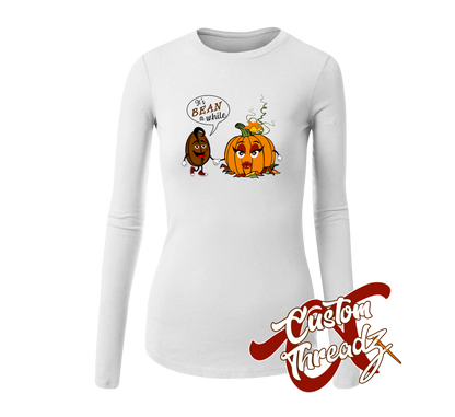 womens white long sleeve tee with bean a while coffee bean and pumpkin DTG printed design
