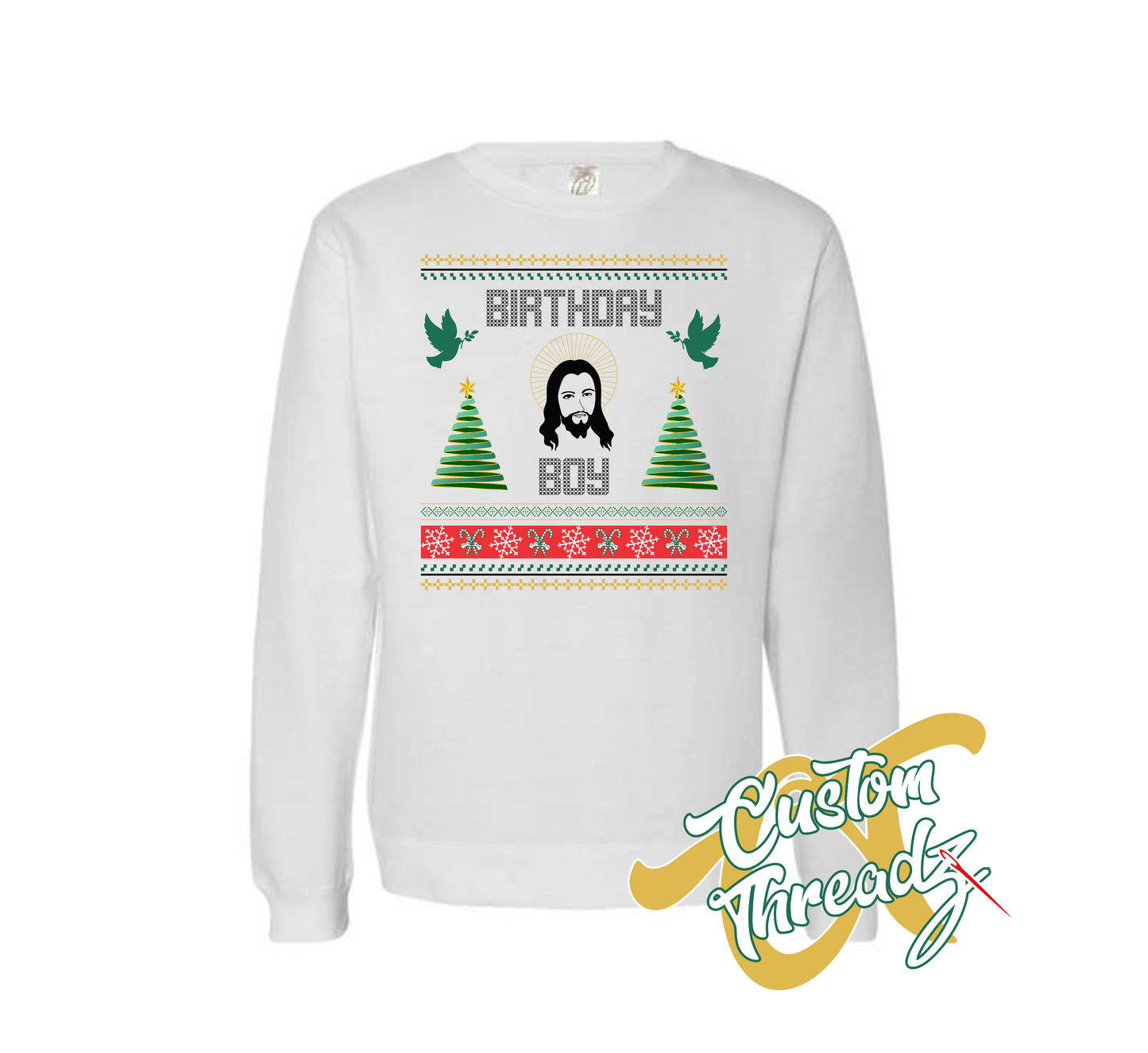 white crewneck sweatshirt christmas birthday boy design