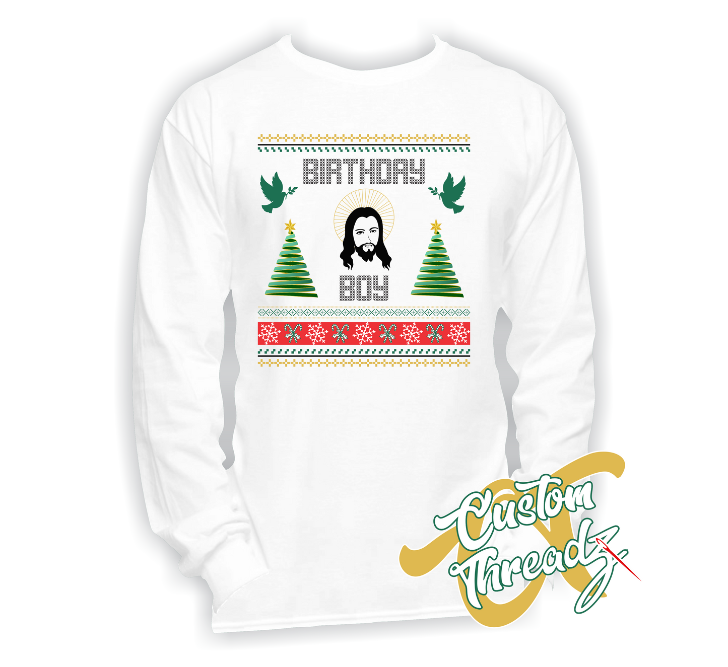 white long sleeve with birthday boy christmas DTG printed design