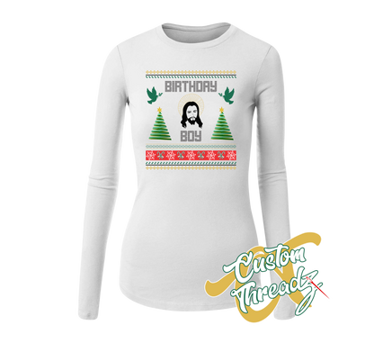 white womens long sleeve tee with birthday boy christmas sweater style DTG printed design