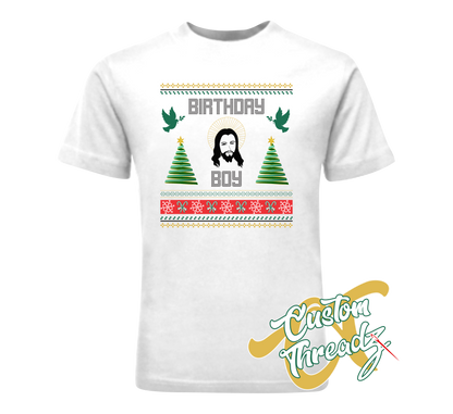 white youth tee with birthday boy christmas sweater style DTG printed design