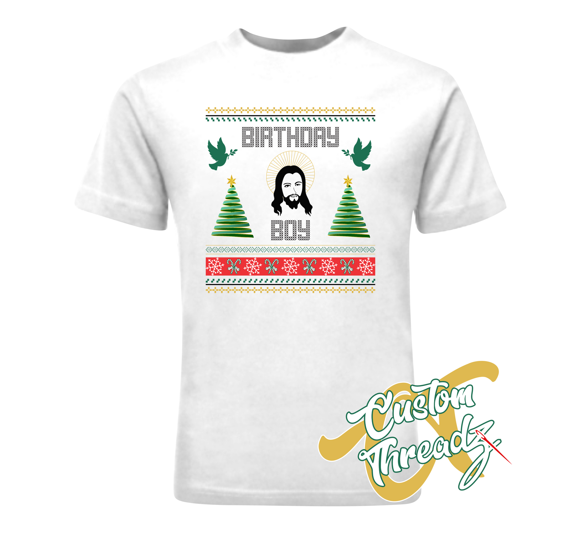 white tee with birthday boy christmas DTG printed design