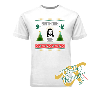 white tee with birthday boy christmas DTG printed design