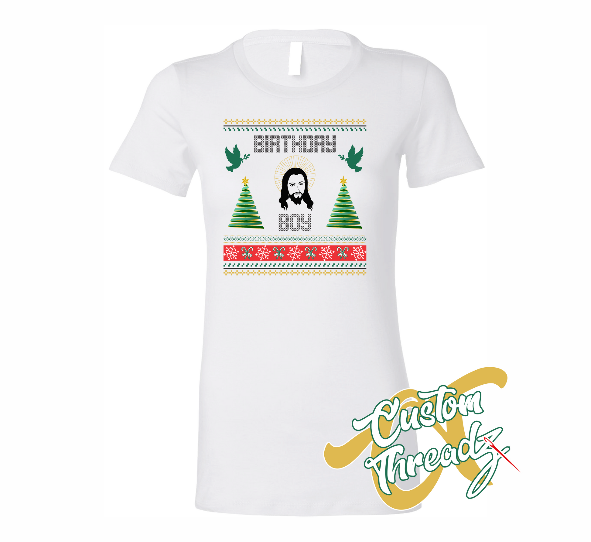 white womens tee with birthday boy christmas sweater style DTG printed design