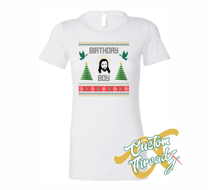 white womens tee with birthday boy christmas sweater style DTG printed design