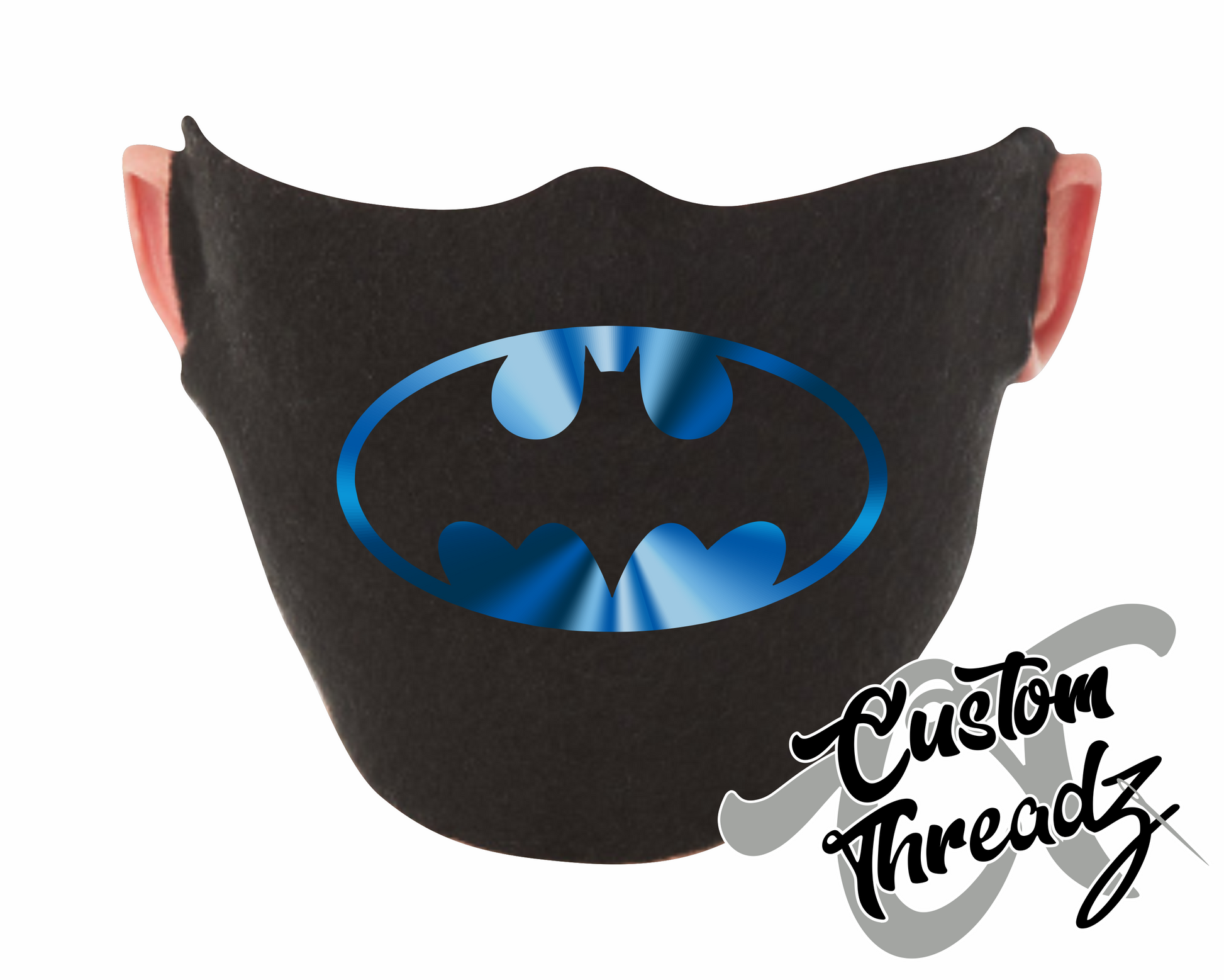 black face mask blue bat symbol